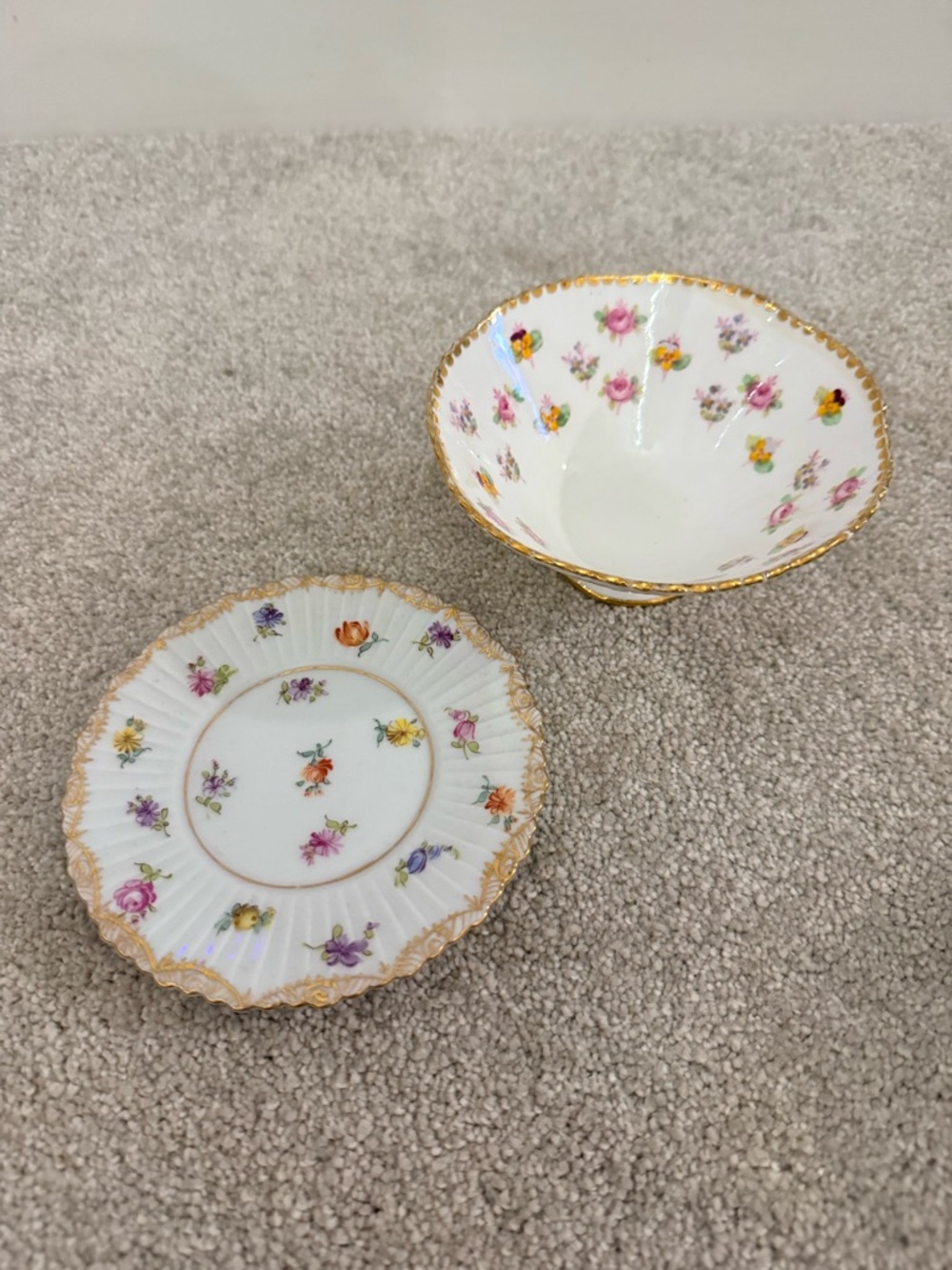 Floral Hand-Painted Bowl & Plate with Gold Trim
